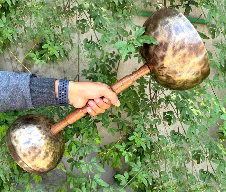 The Double Chalice Singing Bowl With Handle, Handmade Sound Healing Singing Bowl