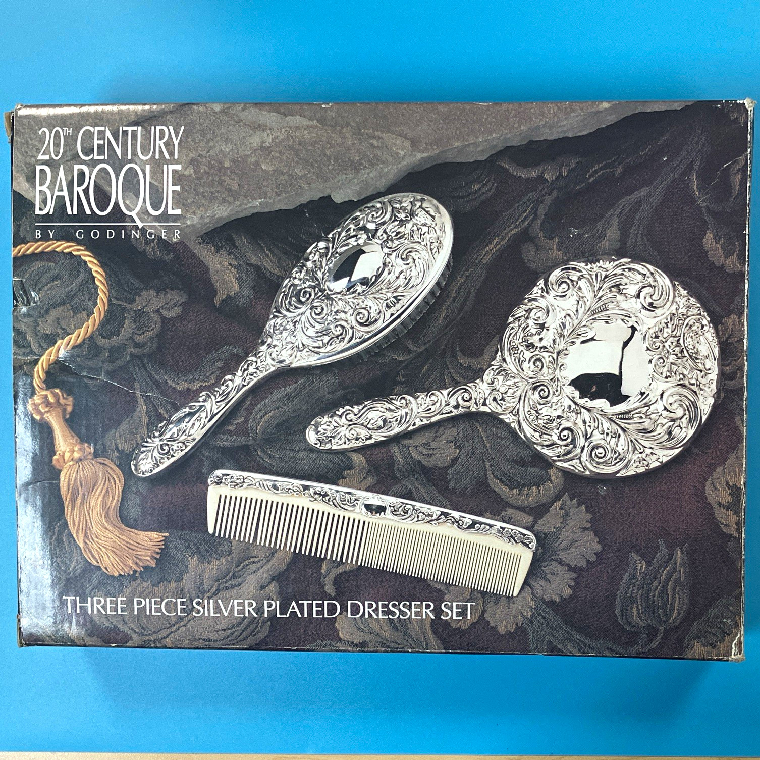 20th Century Baroque 3-Piece Silver Plated Dresser Set Mirror Brush Comb Box