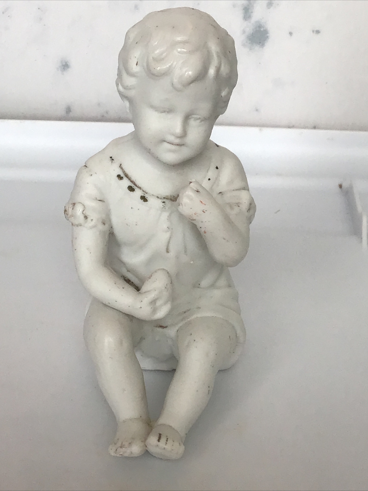 Antique 1879-86 Bisque Unger&Schneider Sitting Eating Piano Baby Figurine #7699