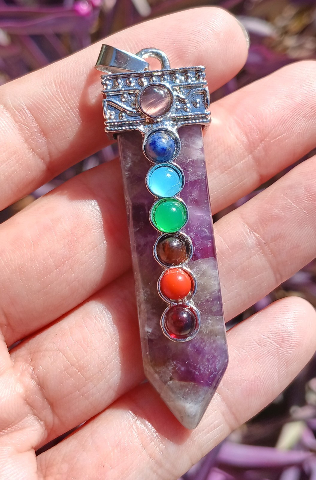 1pc  Natural Amethyst Quartz Crystal Point Seven Chakra Necklace Pendant 