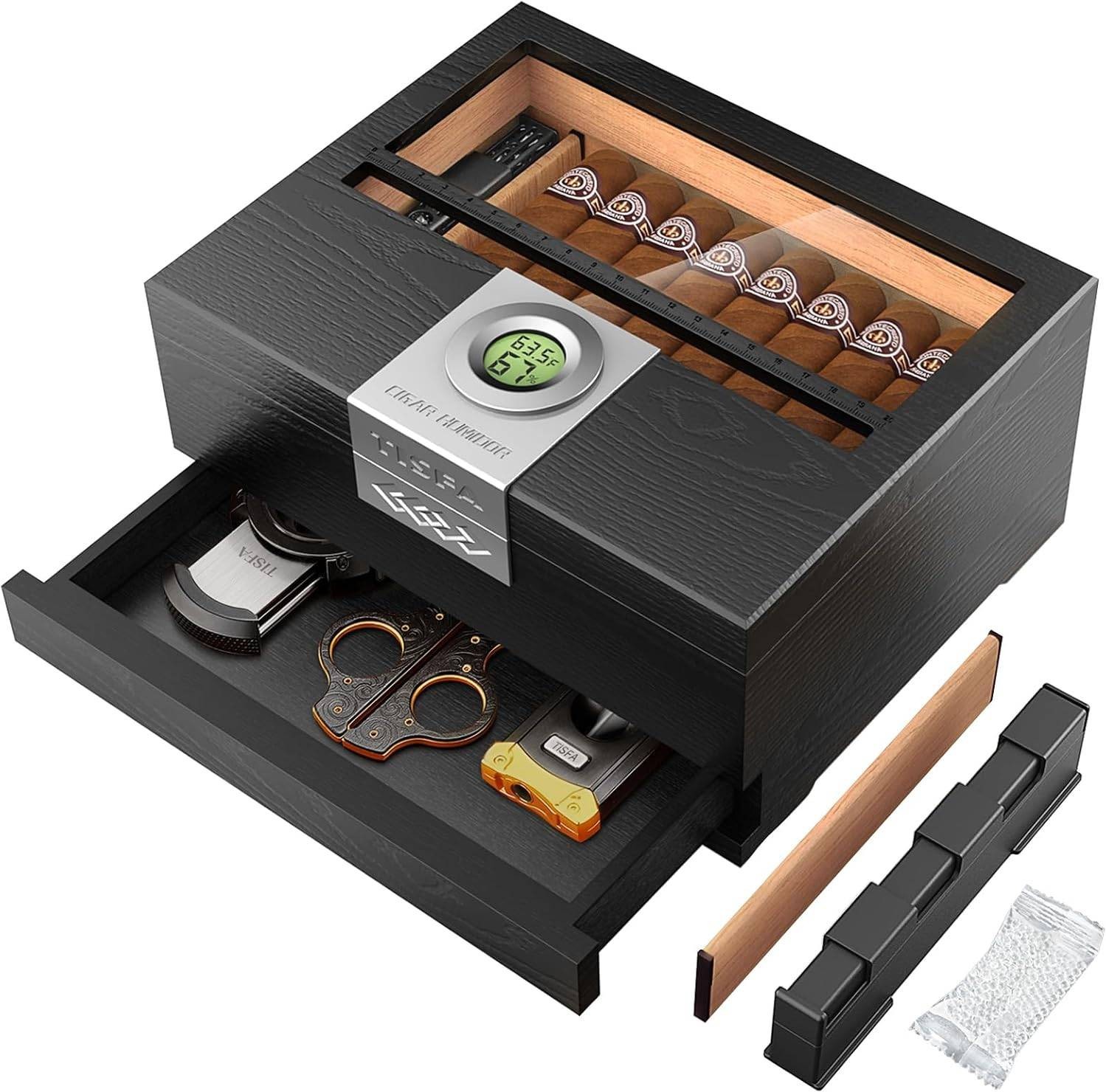 Cigar Humidor, Cedar Wood Desktop Humidor Box with Digital Hygrometer Adjustable