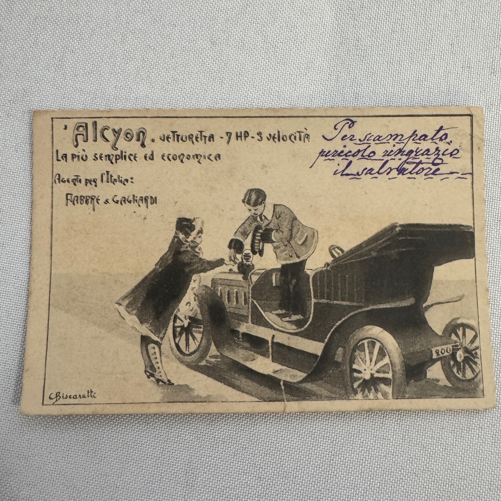 Fabbre & Gagliardi Vintage Car Advertising Postcard Alcyon Car Vintage Italian