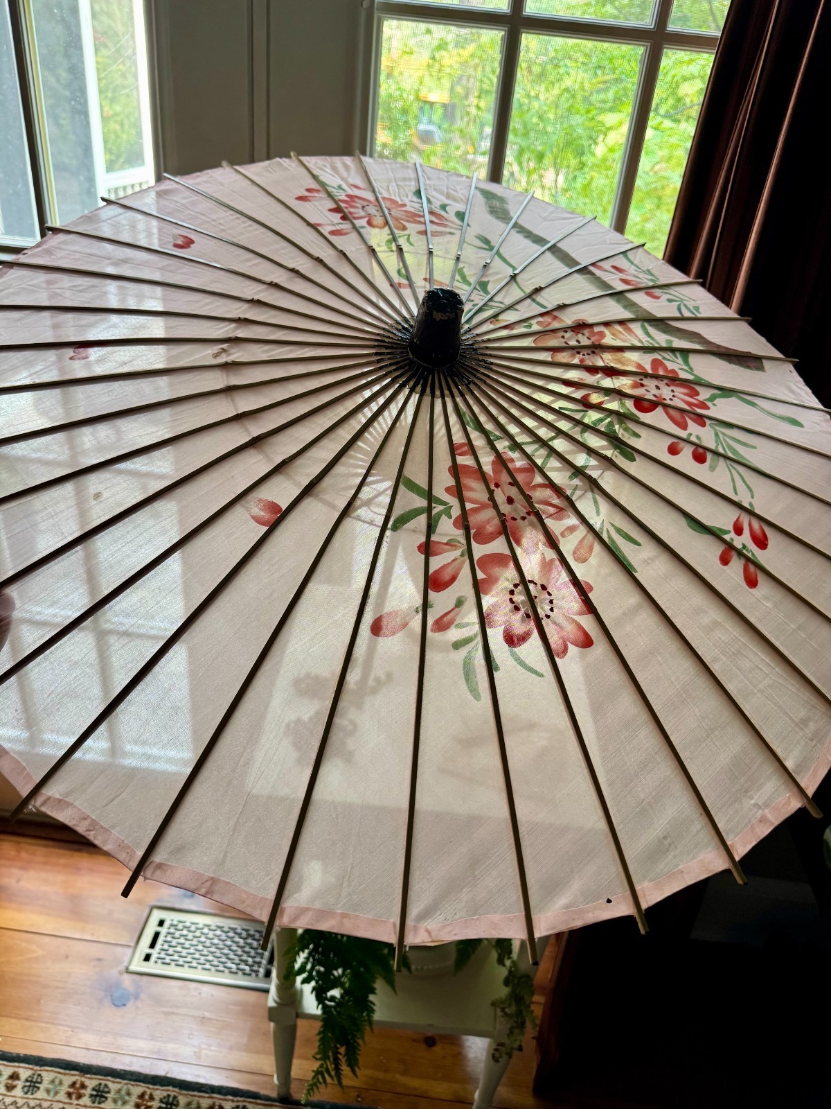 Vintage Japanese Silk Pink Parasol Burnt Bamboo Handle Hand Painted Flowers