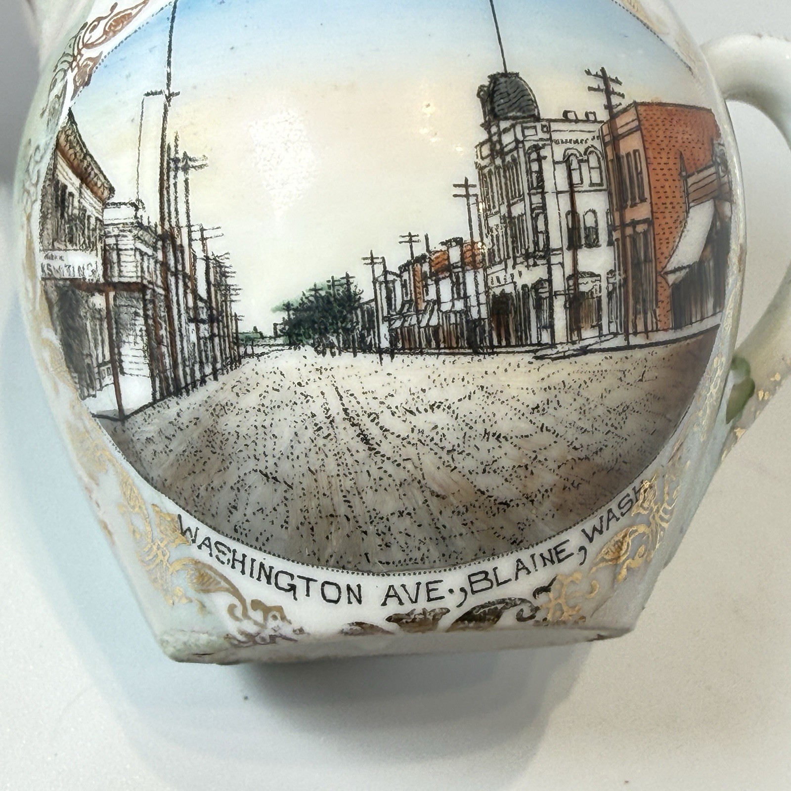 BLAINE WA WASHINGTON Antique STREET SCENE Souvenir COBALT TRINKET CREAMER