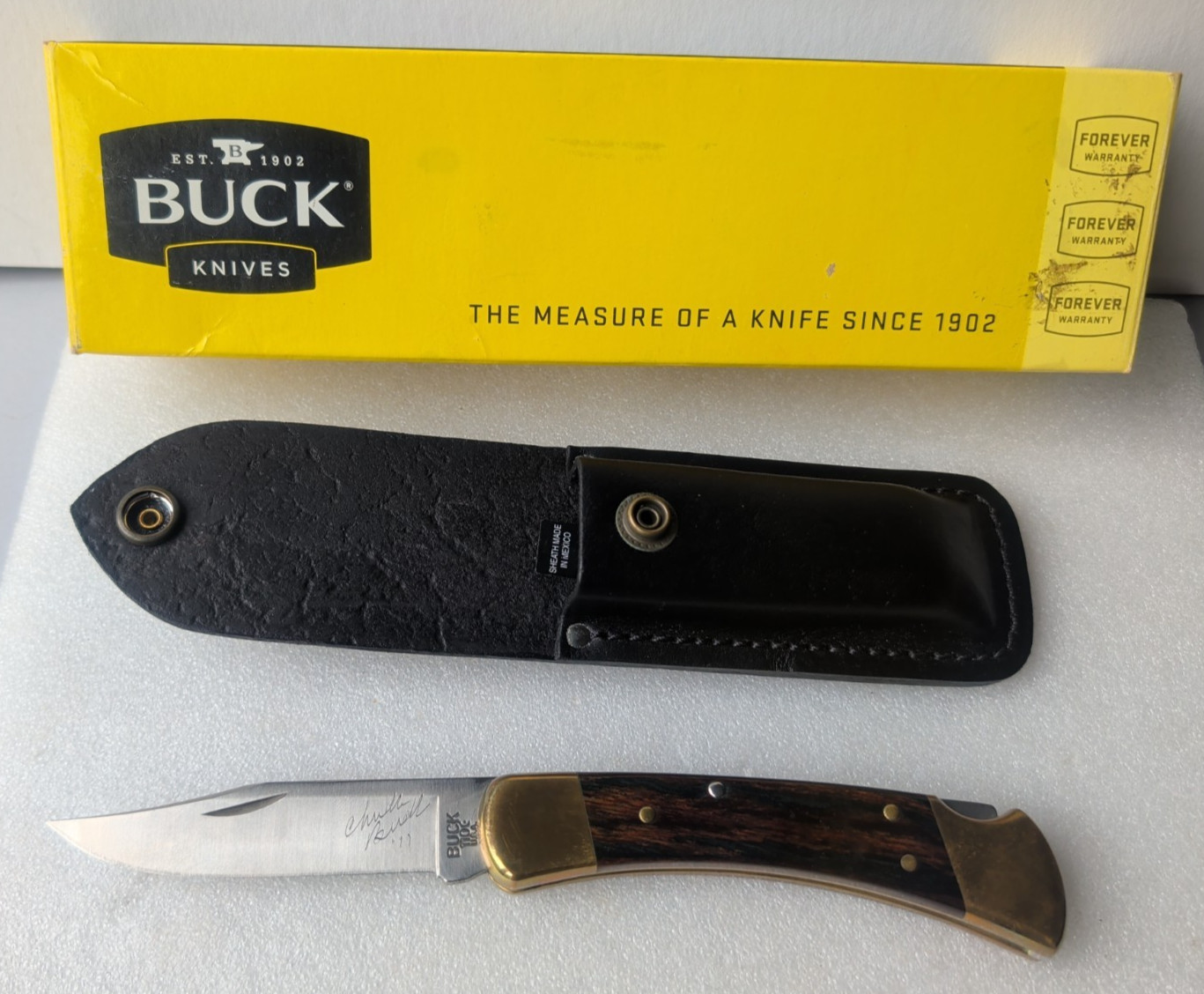 2011 Buck 110 Knife Signed Chuck Buck with Box & Sheath Folding Hunter