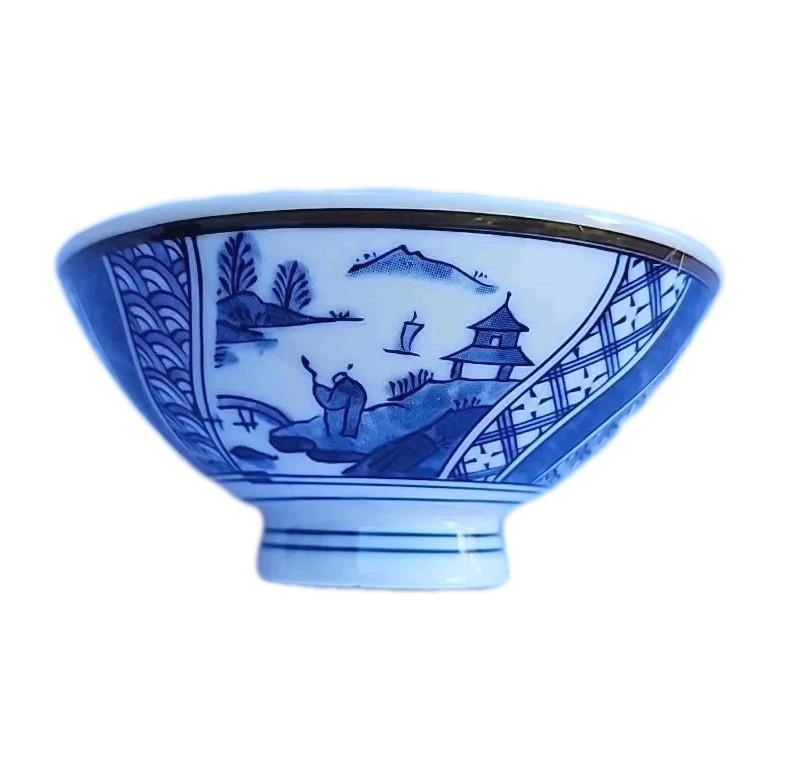 Blue Handpainted Oriental Gardens White Porcelain Pagoda Rice Bowl  *READ*