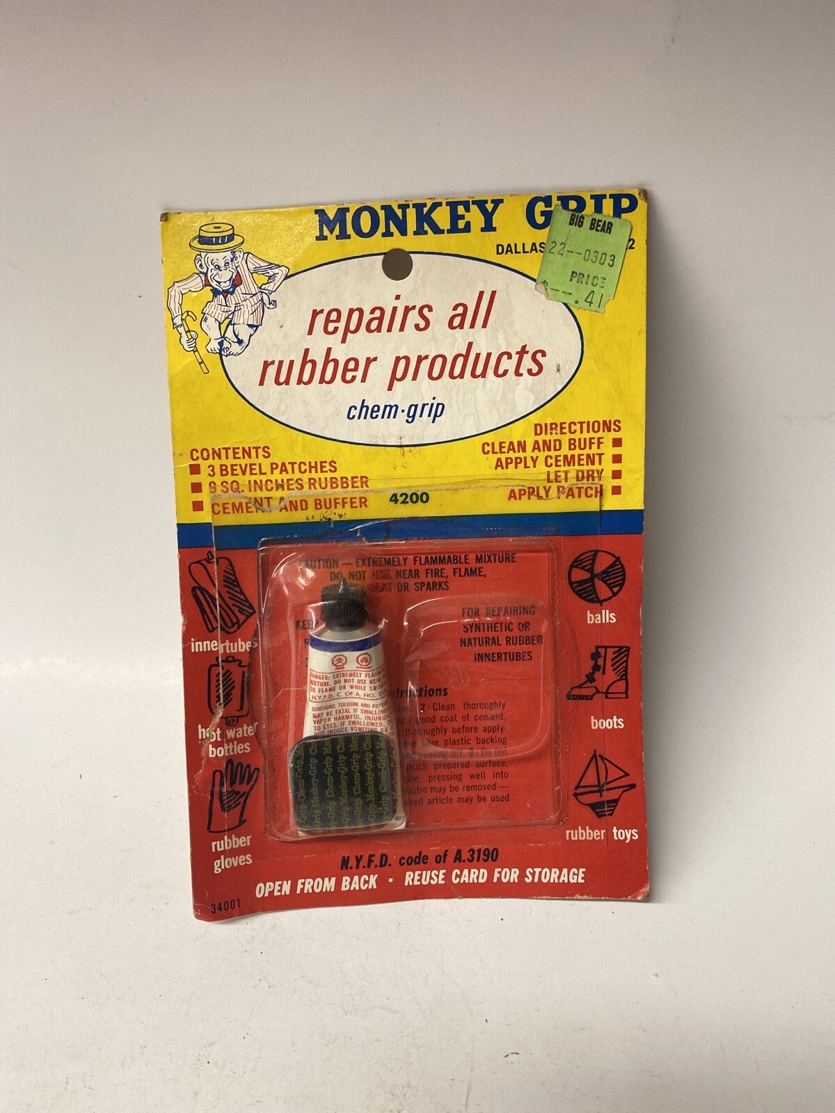 Vintage 1960s Monkey Grip Tire Tube Patch Rubber Repair Kit