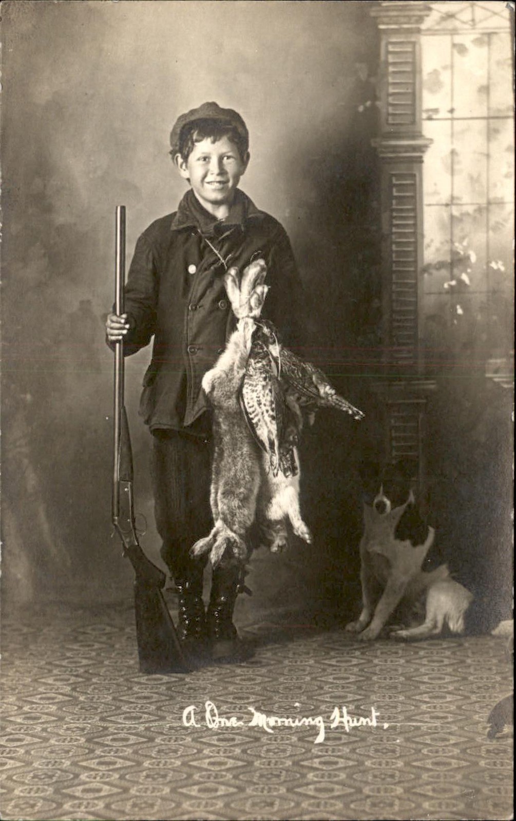 Roscommon MI Happy Boy with Hunting Trophy in Studio A+++ PHOTOGRAPHY RPPC bhn