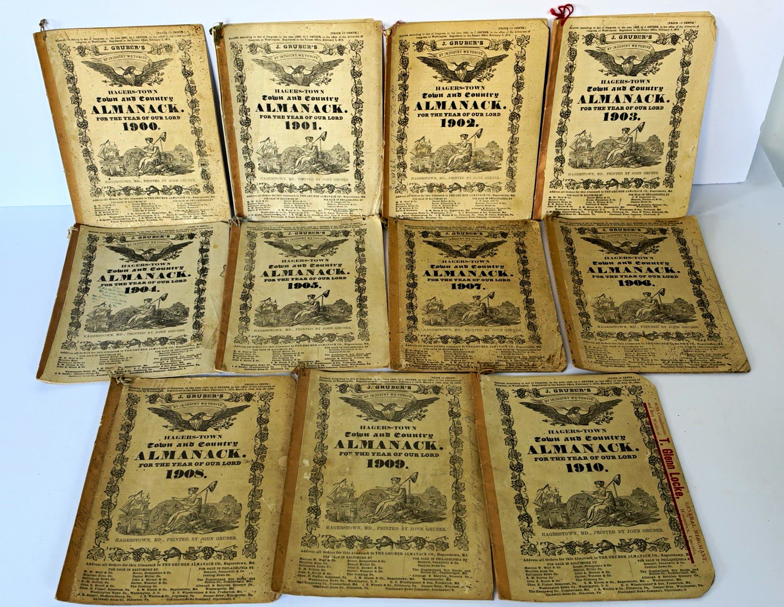 Vintage Lot 11 J. Gruber's Hagerstown Town and Country Almanacks 1900-1910 Run