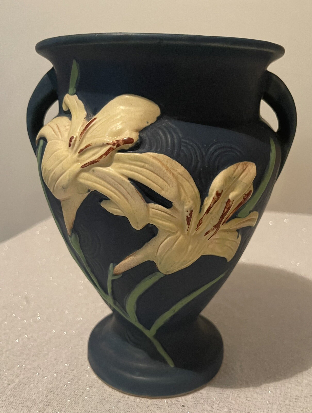 EUC Reproduction Roseville Pottery Zephyr Lily Vase 202-8”Blue Glaze