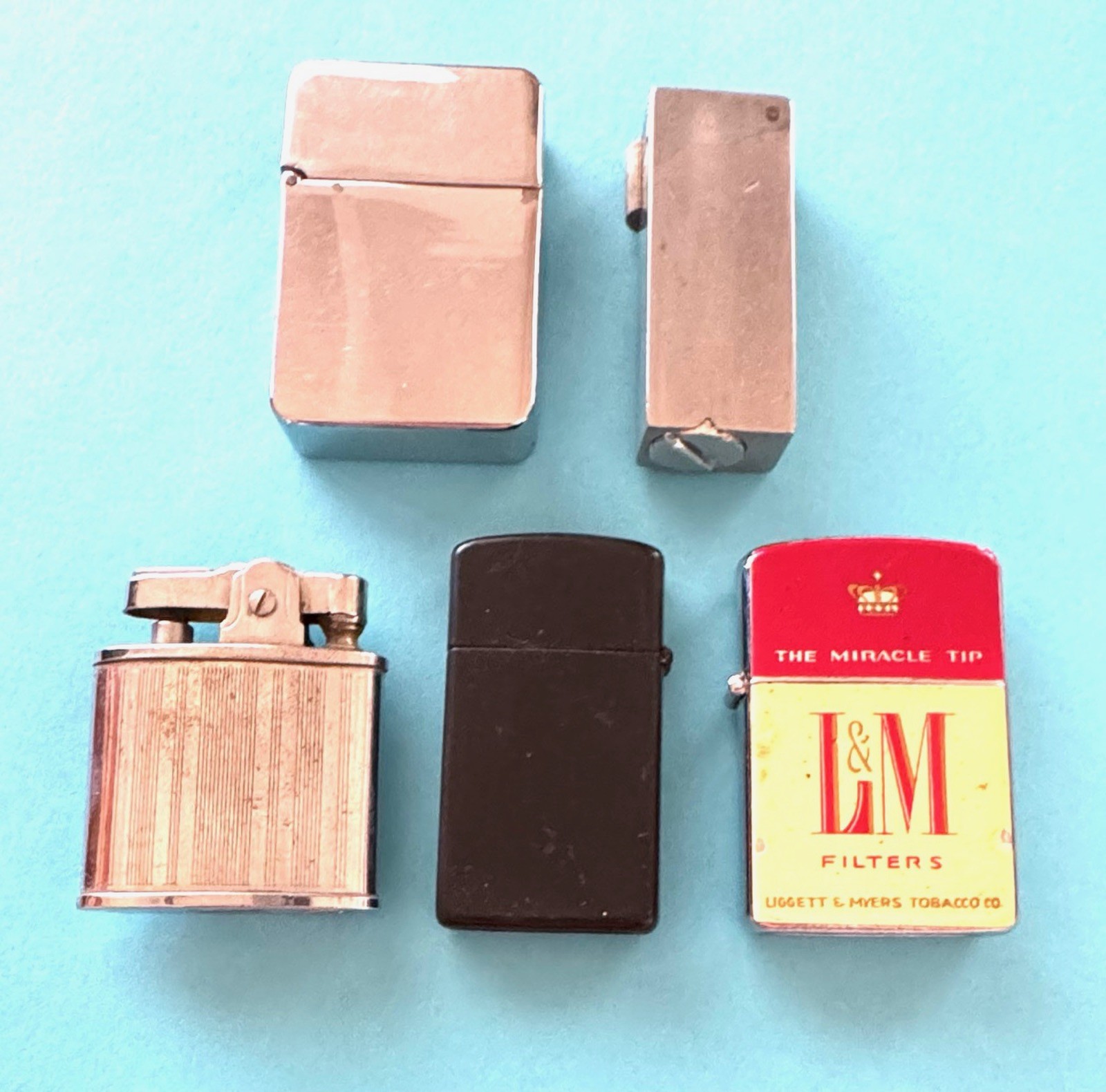 5 Vintage Flint Fuel Cigarette Lighters Royalite Zippo Slim L&M Aluminum Block