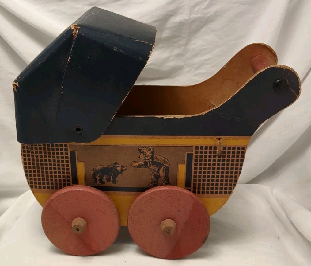 Vintage Fanny Farmer Candy Box Toy Baby Carriage Stroller Buggy Bear Litho 40s