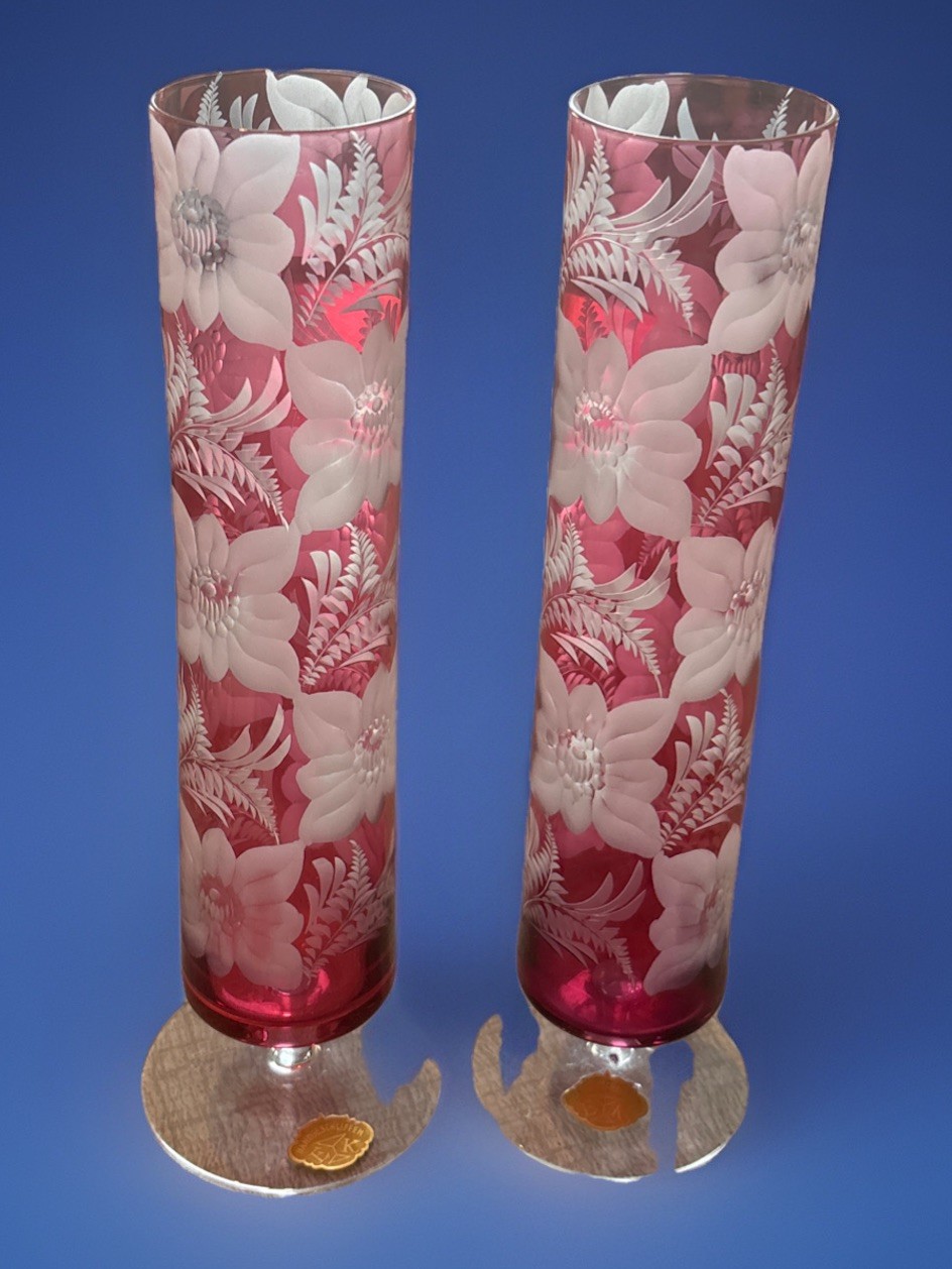 ECHT KRISTALL Mouth Blown Cranberry Glass Floral design vase Set W.Germany 1960s