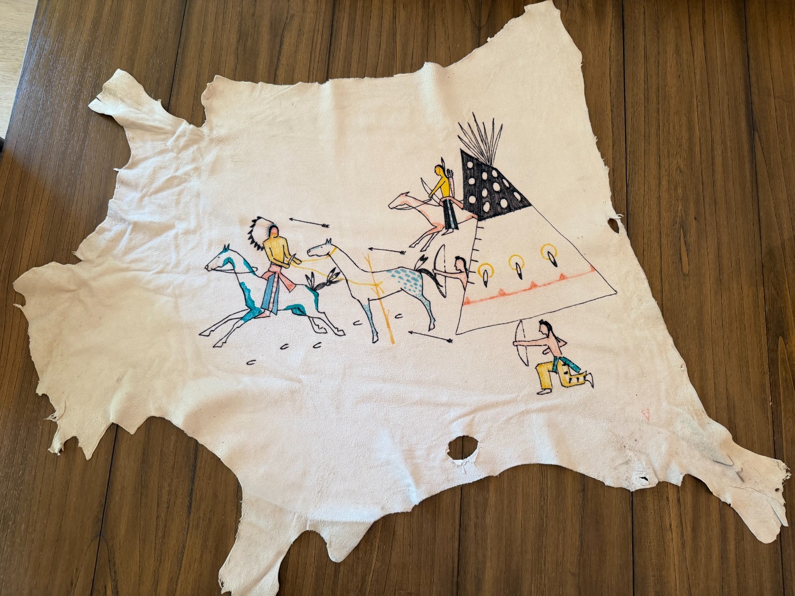Herman Red Elk Painted Hide 1966-67 Signed Yanktonai Sioux Native American Plain