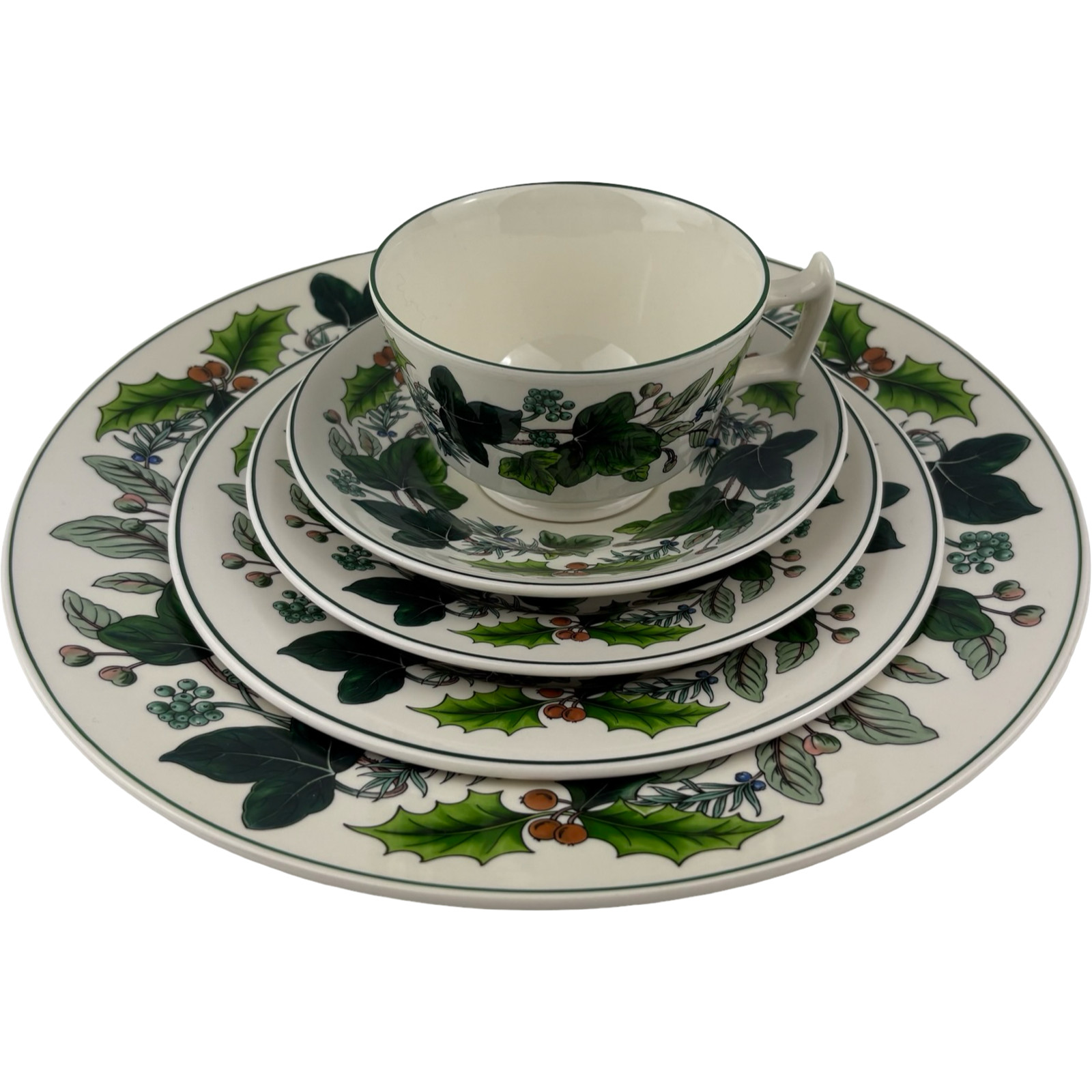 Spode Green Garland 5 Piece Place Setting Green Leaves Holly Berries England Spode Green Garland 5 Piece Place Setting Green Leaves Holly Berries England
