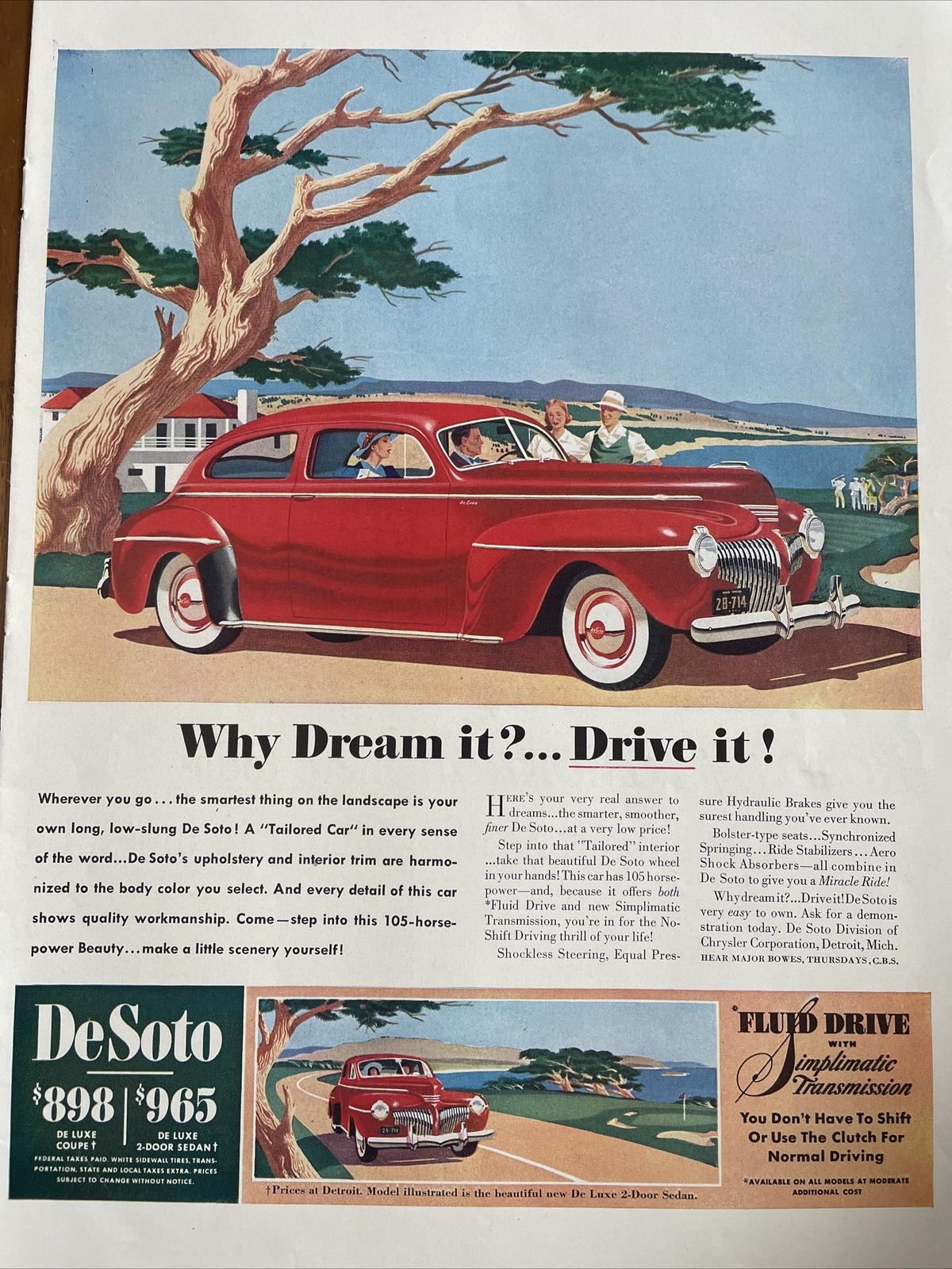 1941 vintage De Soto automobile print ad, World War II era