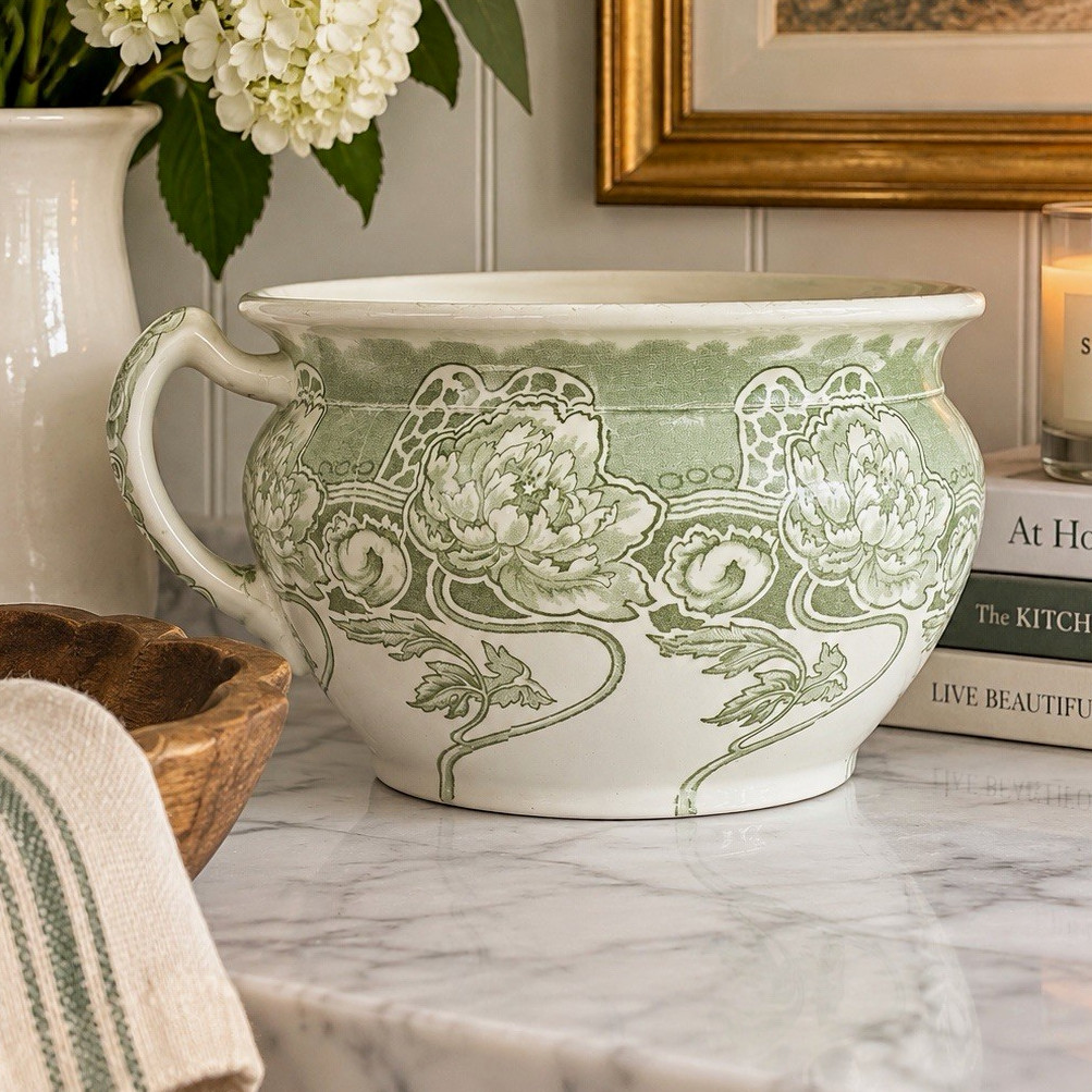 Antique Art Nouveau “Kelmscott” Chamber Pot – Green Floral Transferware