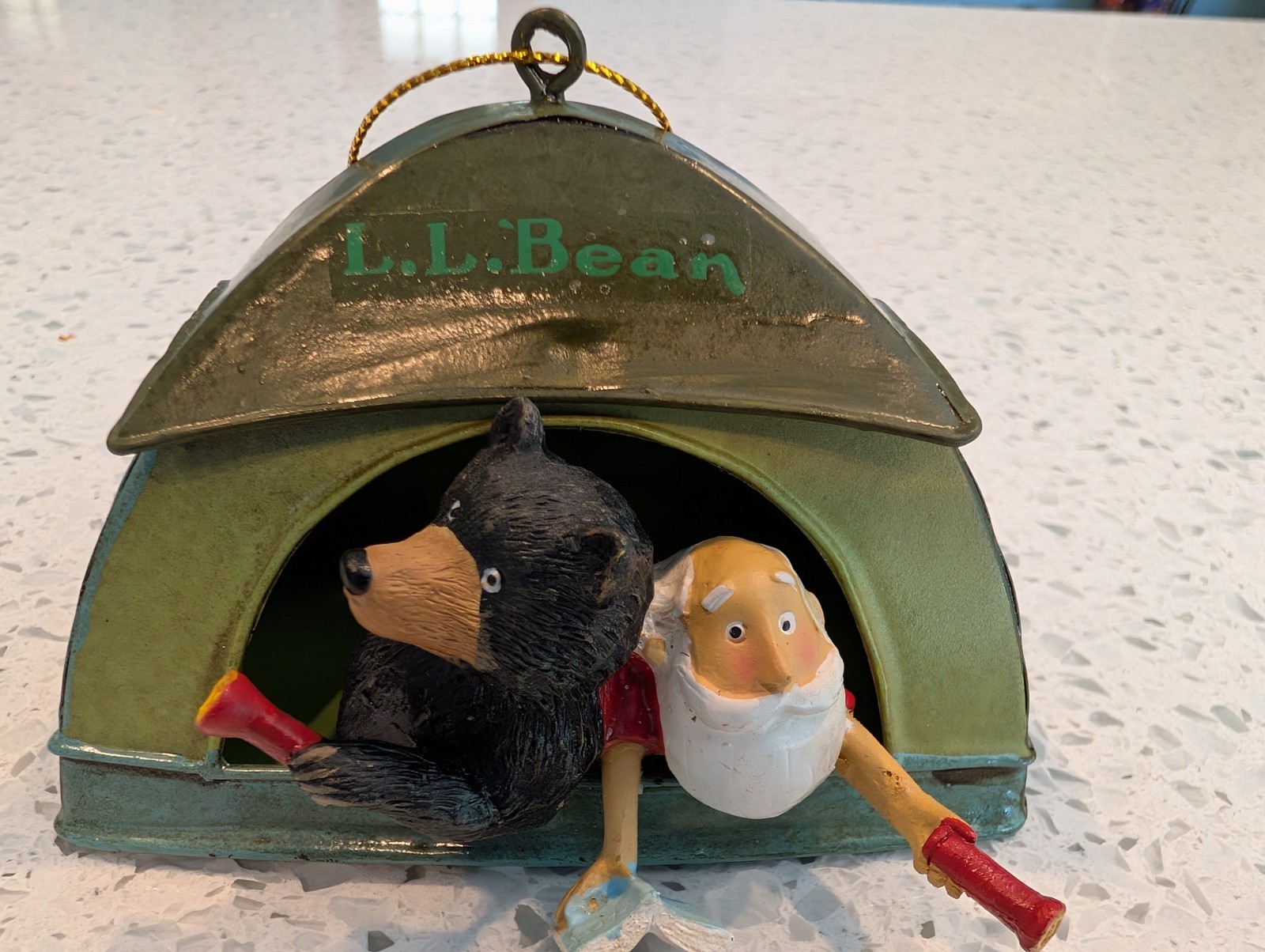 LL Bean retired ornament Santa and Bear camping in green tent New