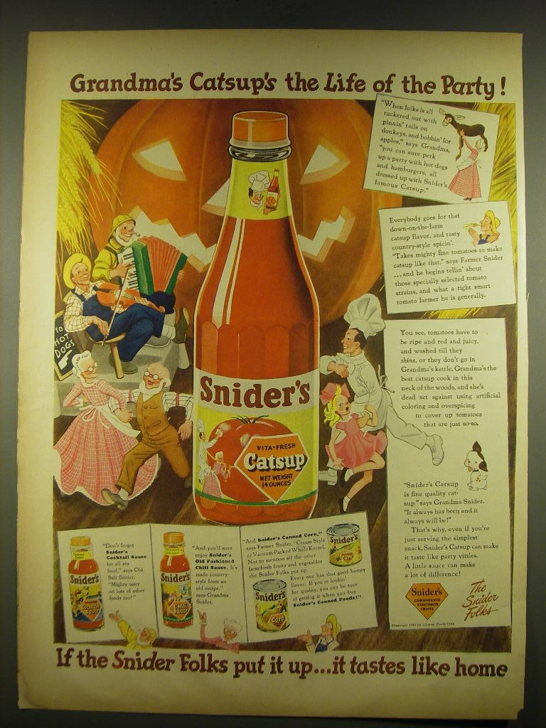 1944 Snider\'s Catsup Ad - Grandma\'s Catsup\'s the life of the party