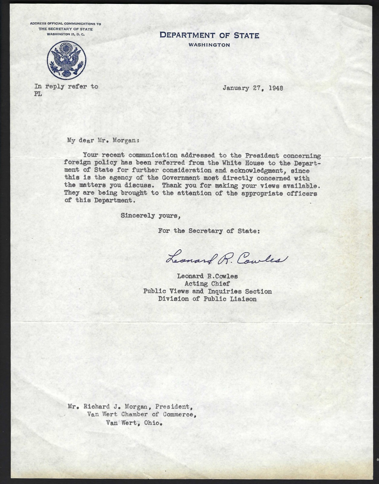 1948 Acknowledgment of Letter Sent to White House - Department of State
