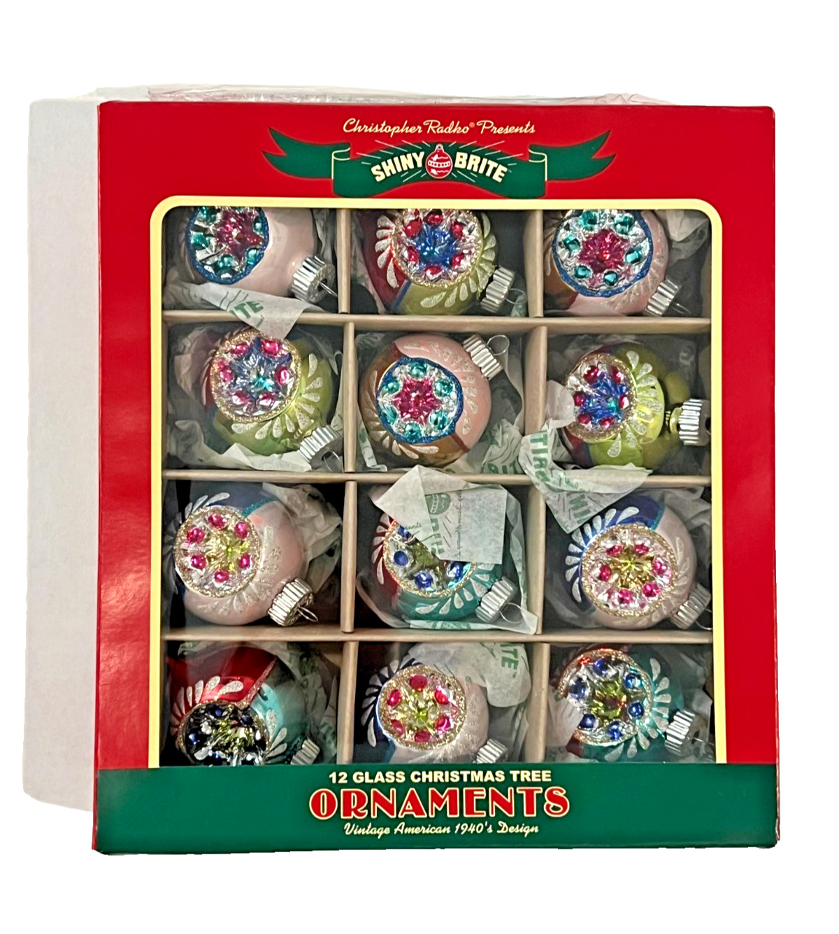 Christopher Radko 12pc Set Shiny Brite Glass Ornaments Colorful Vintage Inspired