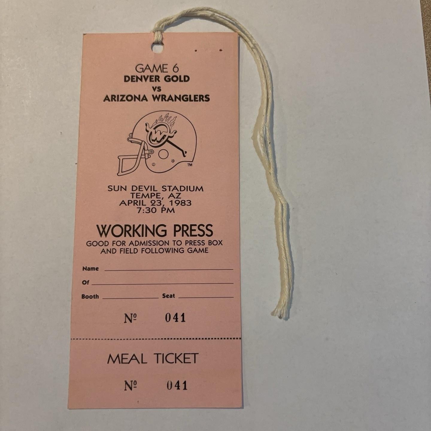 Vintage 1983 Denver Gold Arizona Wranglers Working Press Pass Meal Ticket 80s