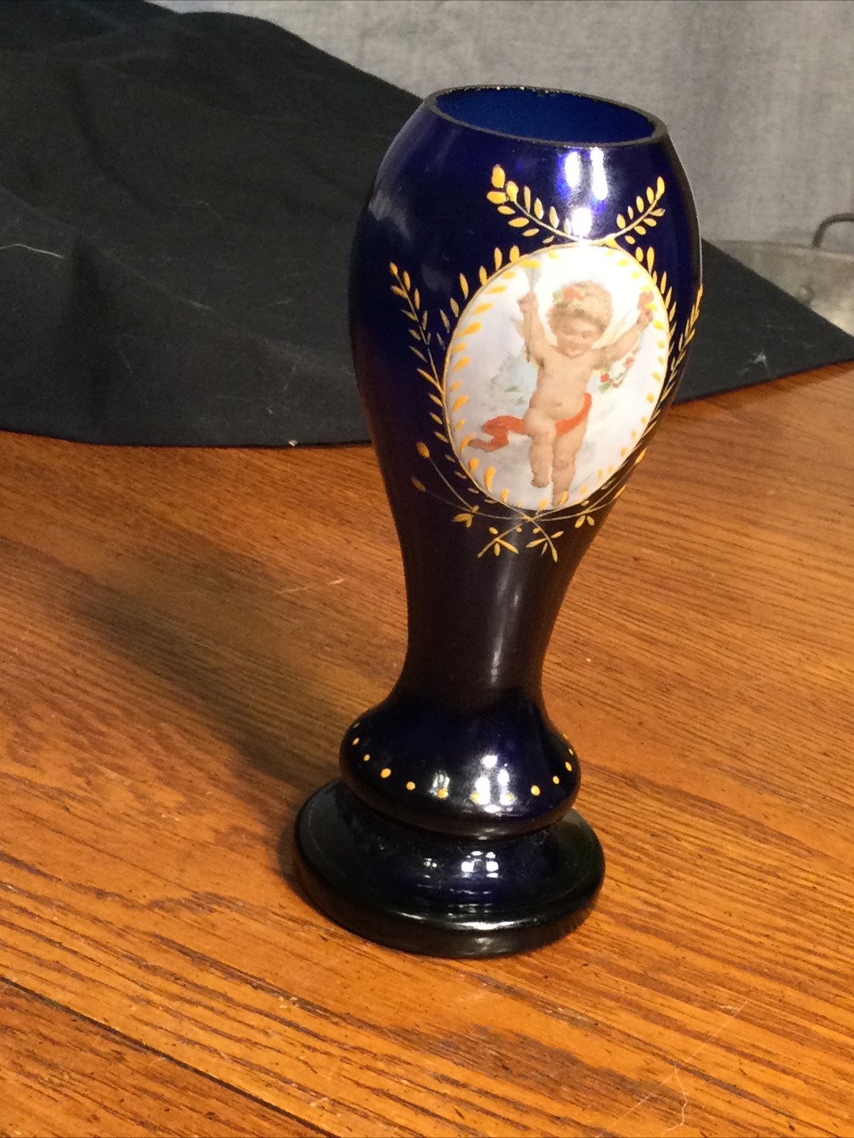 Vintage Bohemian Cobalt Cherub Bud Vase