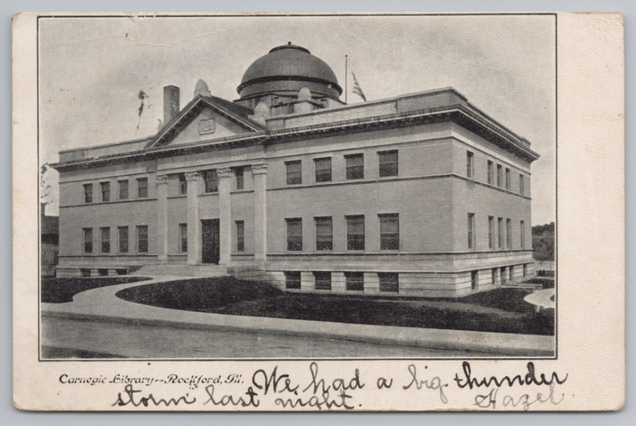 Carnegie Library Rockford Illinois Postcard 1906(?) Posted