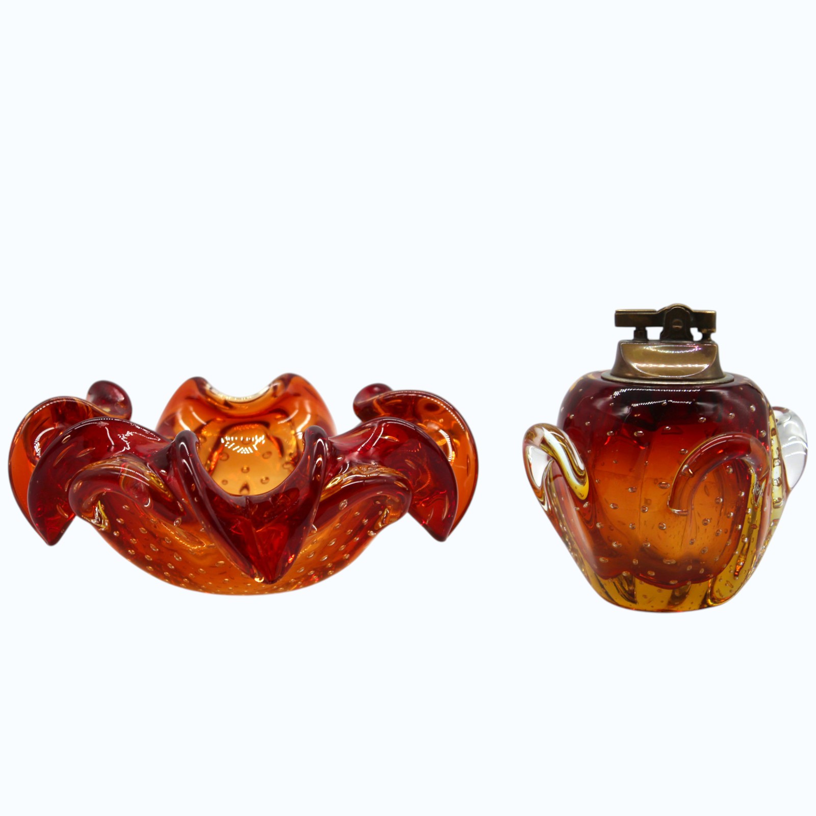 Vintage MCM Murano Ashtray & Table Lighter Set Bullicante Bubble Red Art Glass