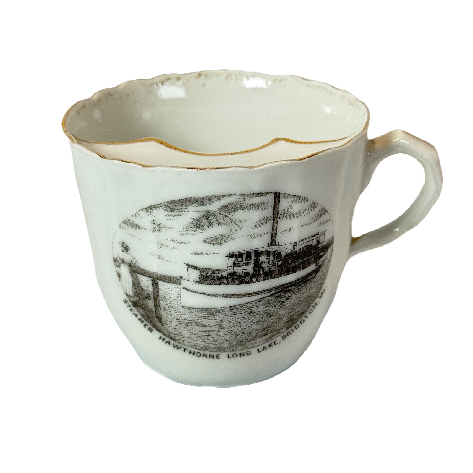 BRIDGTON , MAINE ME Antique STEAMER HAWTHORNE LONG LAKE Souvenir Mustache Cup BRIDGTON , MAINE ME Antique STEAMER HAWTHORNE LONG LAKE Souvenir Mustache Cup
