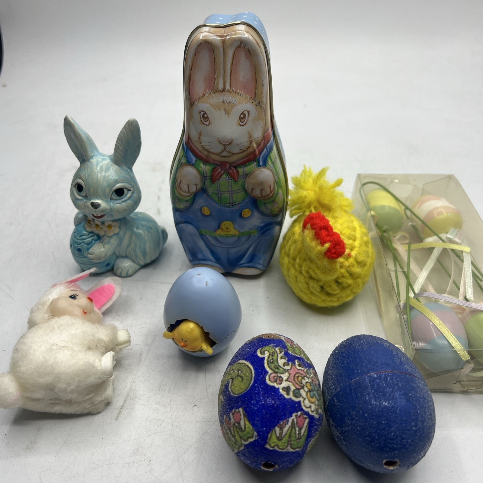 VTG Lot of Easter Decorations Lot Egg Floral Picks Bunny Huggers Figurines Tin