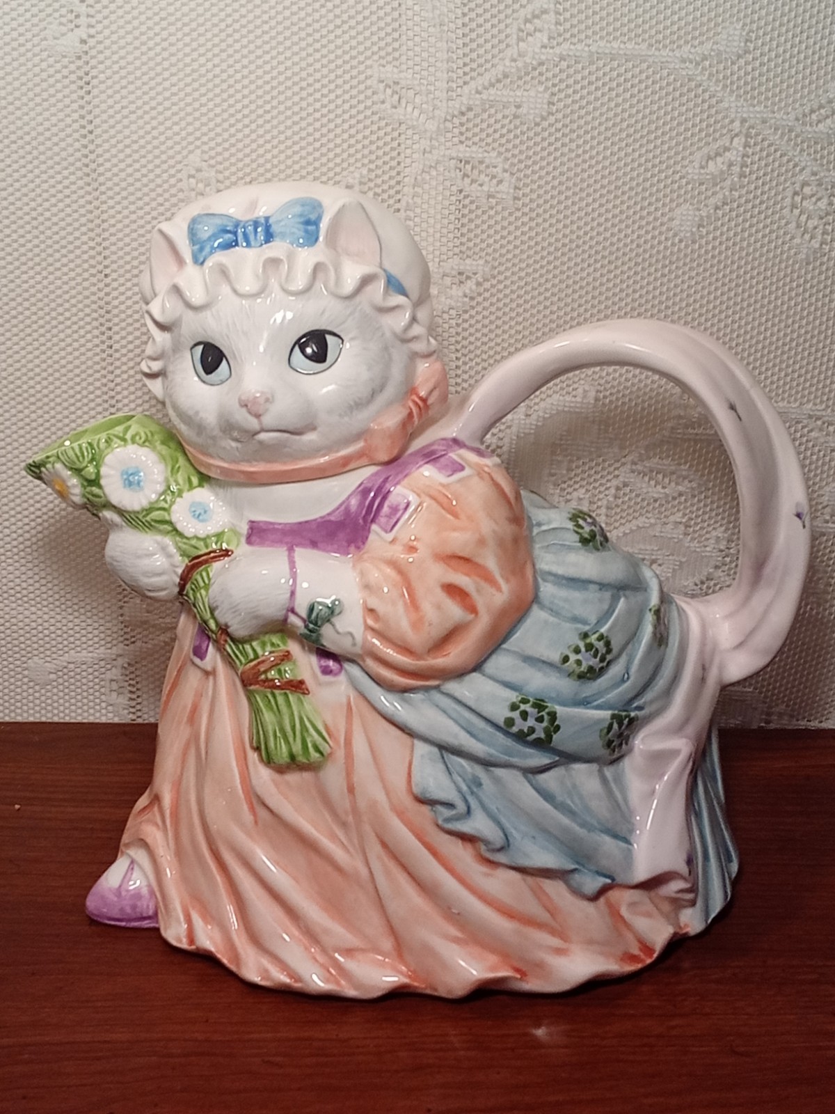 Vintage Lefton Cat Teapot #7894 Peach Dress Flowers Sri Lanka 8.5