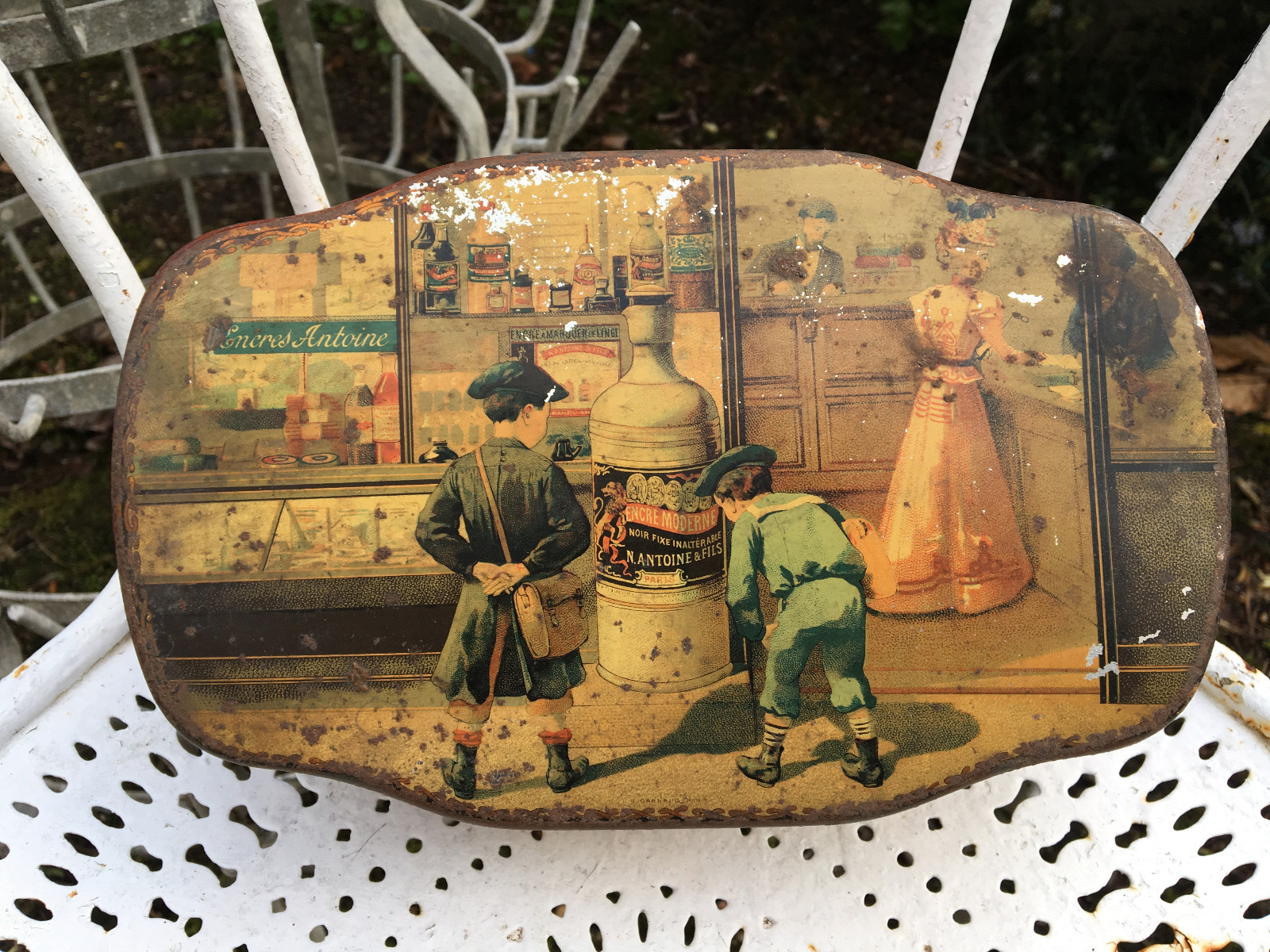Rare Advertising Box Lithographed Sheet Metal Antoine Fils Modern Ink Ref J Rare Advertising Box Lithographed Sheet Metal Antoine Fils Modern Ink Ref J