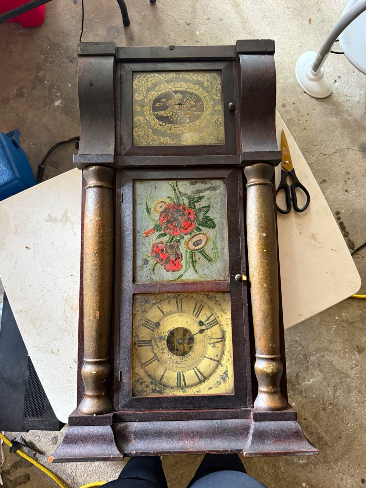 Seth Thomas Antique Mantel Clock Wood Mechanical Pendulum Roman Floral Glass