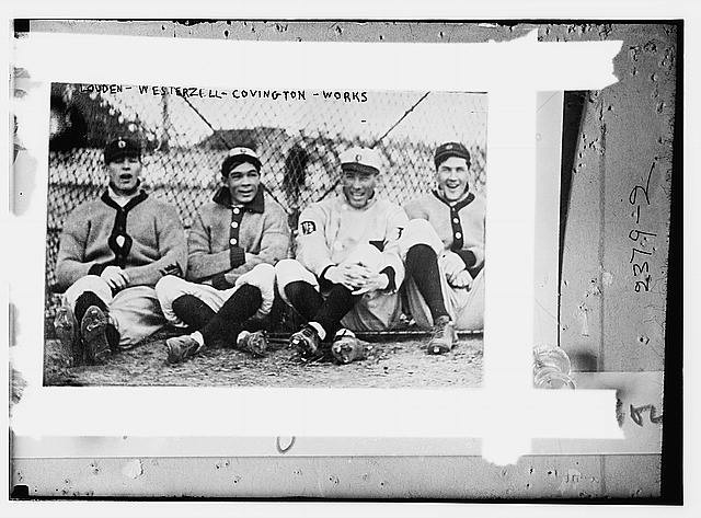 Baldy Louden,?,Bill Covington,Ralph Works,Detroit AL (baseball),c1912,smiling