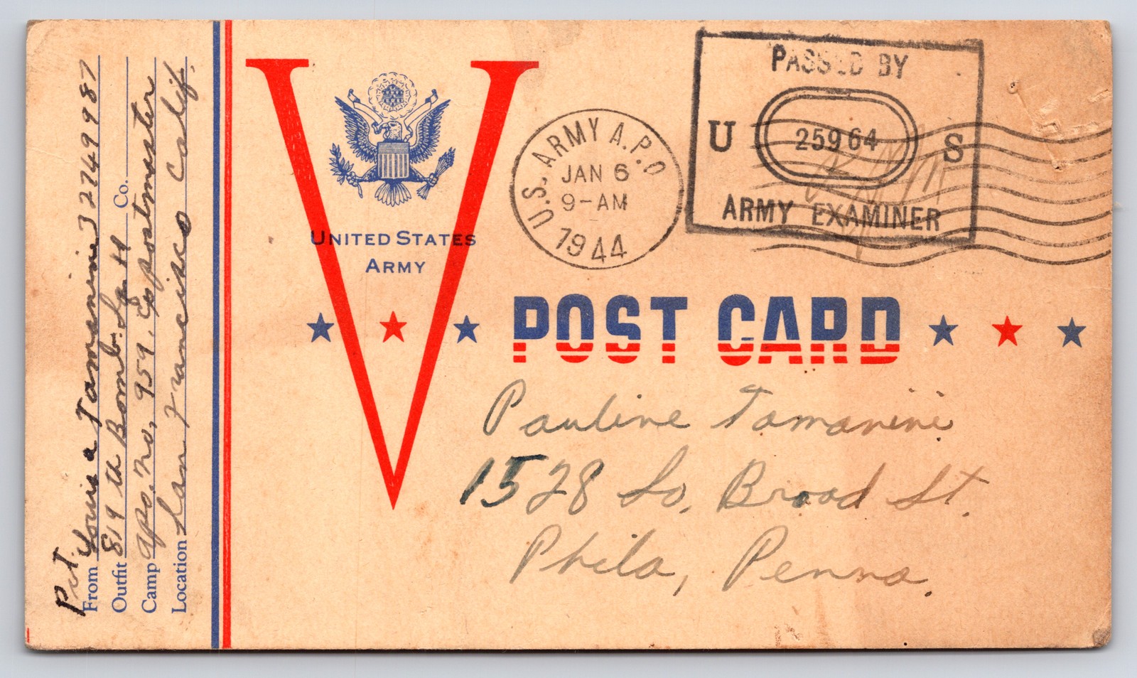 1944 WWII U.S. Army V Post Card APO Censored Military Mail Philadelphia PA