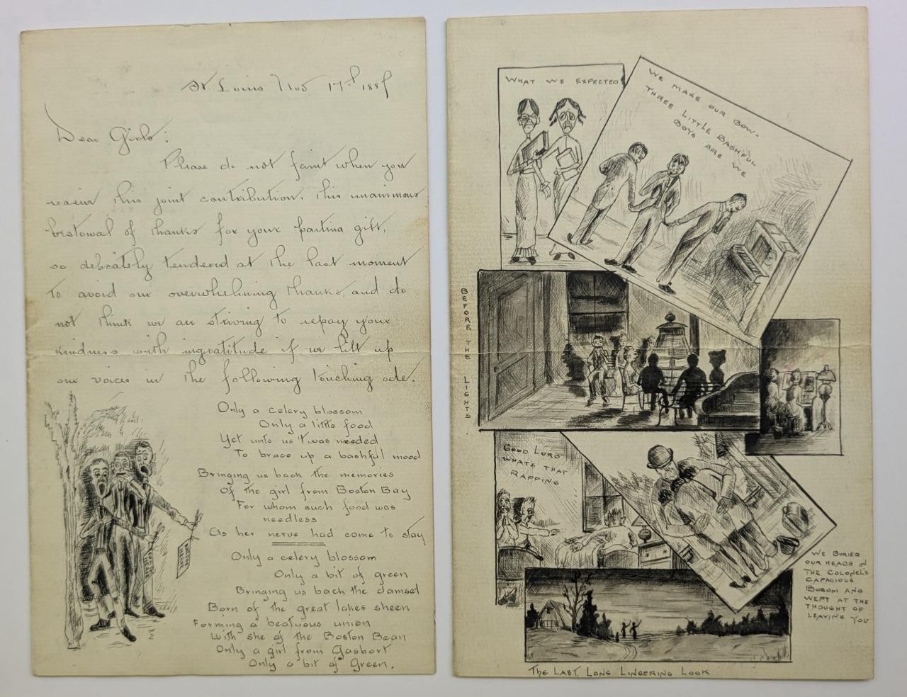 c1880s ELABORATE LETTER w 7 ORIGINAL ILLUSTRATION s ART, POEM, MEN VISIT WOMEN