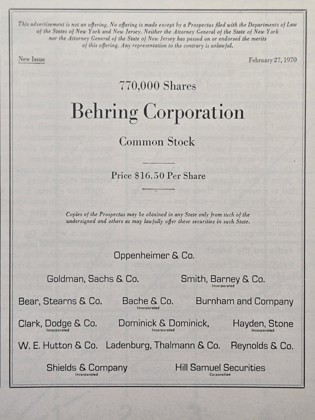 Behring Corporation New Common Stock Offer Announcement Vintage Print Ad 1970