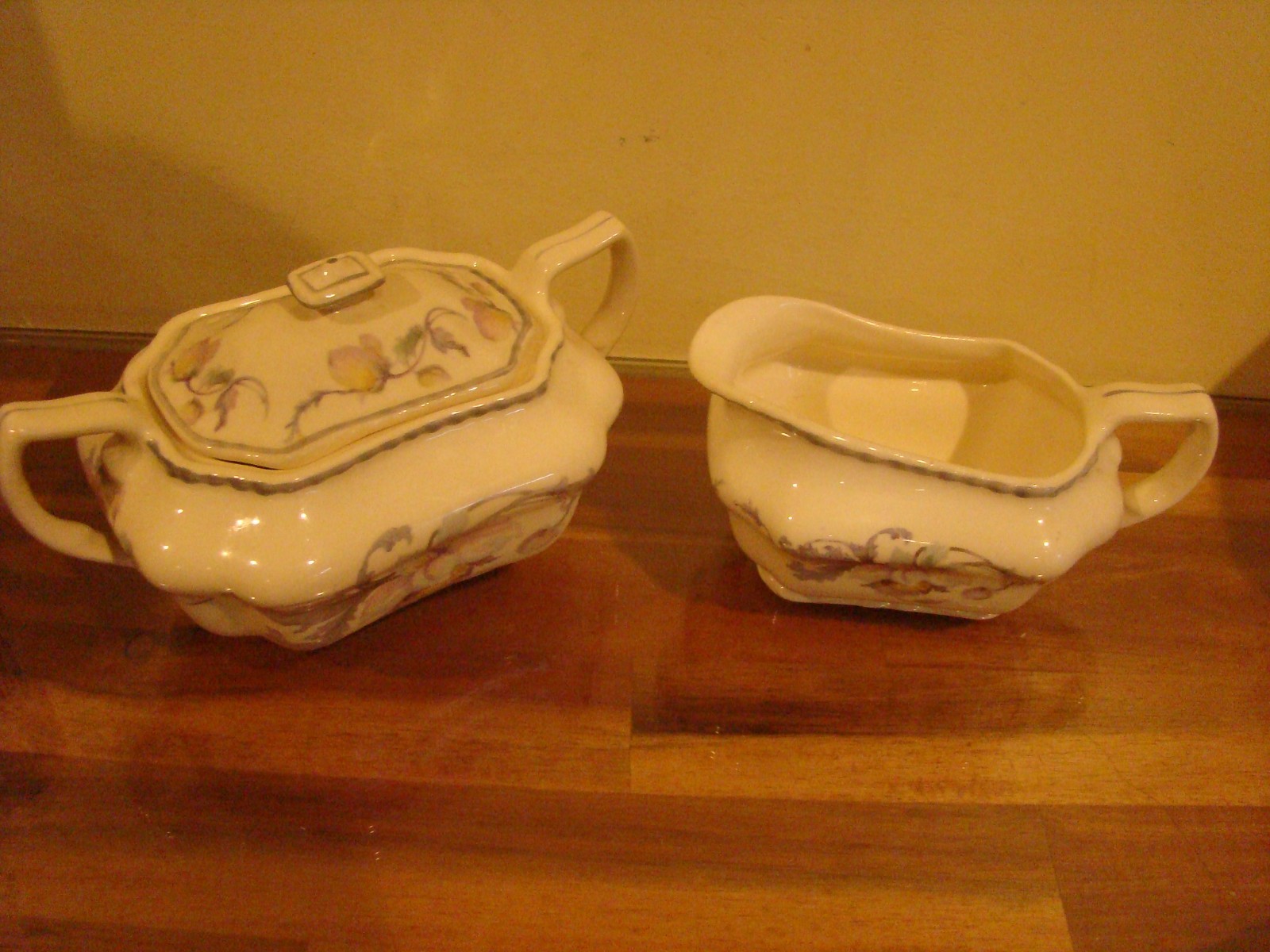 Steubenville Porcelain Creamer & Covered Sugar bowl -Floral IVORY Vtg 50's