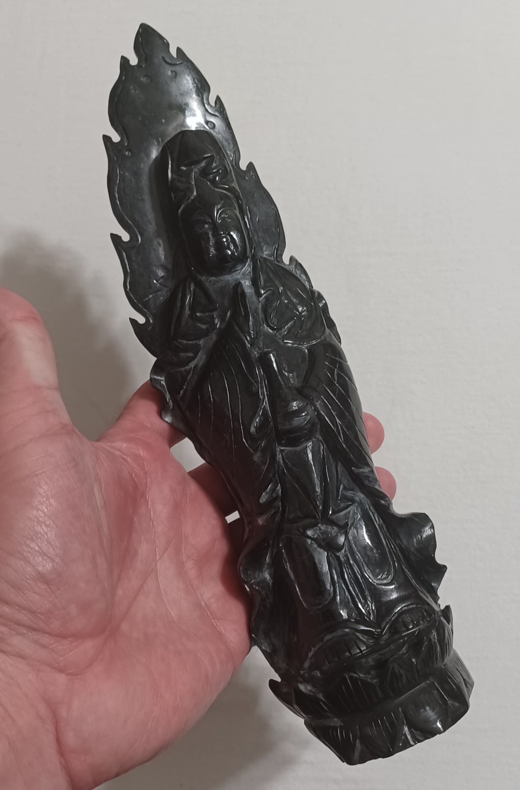 Vintage Carved Black Stone GUANYIN Statue, Heavy Quan Yin Lotus Altarpiece 11\