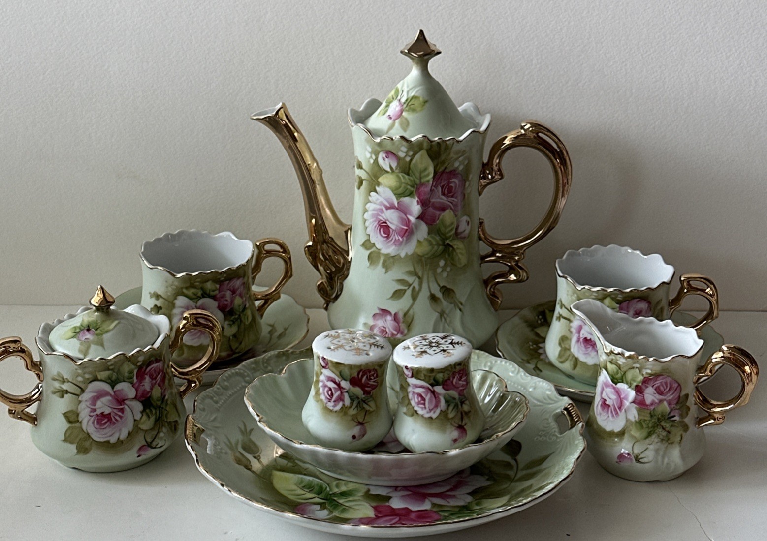 Lefton Hand-Painted Porcelain Heritage Rose Green Tea Coffee Set Excellent Cond