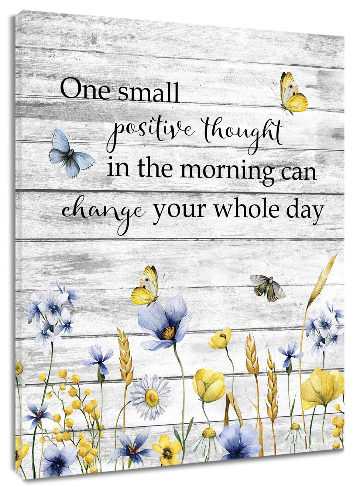 Blue Yellow Floral Wall Art Vintage Butterfly Wildflower Grey Canvas 16x24 Inch