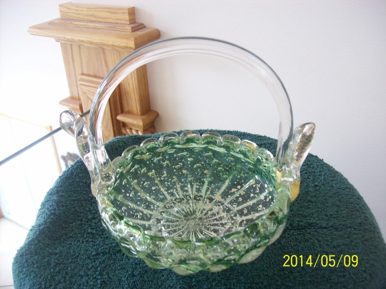 Murano Gold Flake Vtg, Handblown Green Art Glass Handled Basket Made In Italy