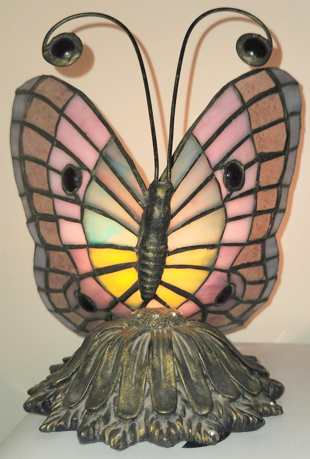 Tiffany Style Butterfly Lamp Stained Glass Wings Antique Gold Flower 8\ Tiffany Style Butterfly Lamp Stained Glass Wings Antique Gold Flower 8\