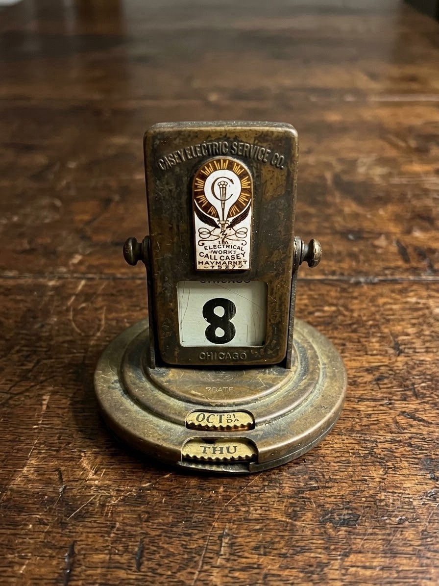 Vintage Casey Electric Service Co Brass Desk Perpetual Calendar Advertising Rare