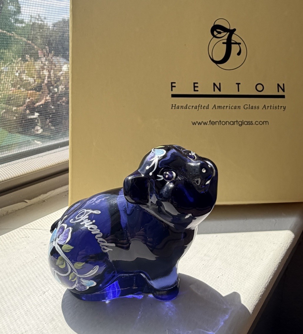 Fenton Hand Painted Blue Floral Glass Cat Figurine Signed 