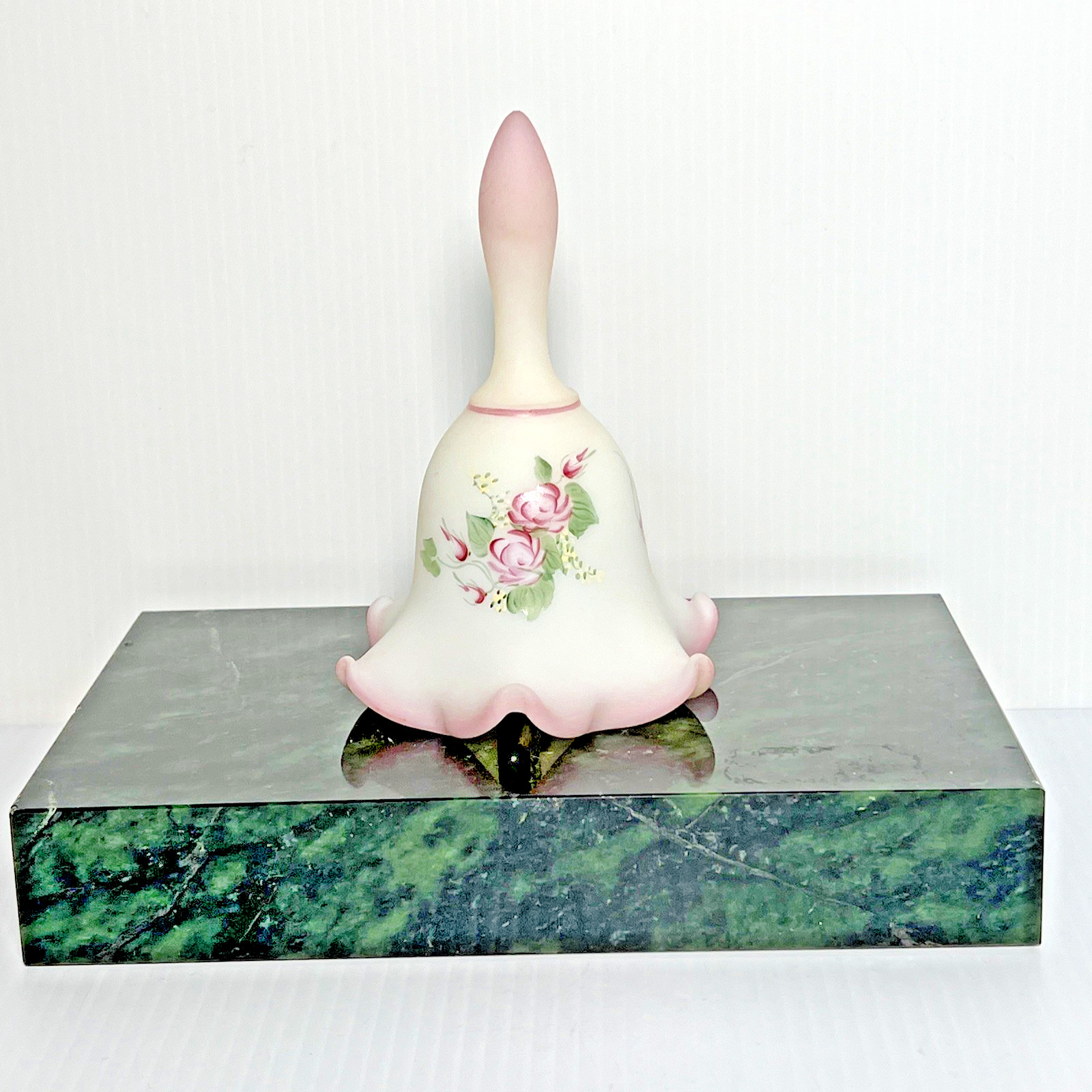 FENTON RUFFLED BELL ROSE GARDEN Hand Painted SATIN GLASS PINK EDGE. Absolutely FENTON RUFFLED BELL ROSE GARDEN Hand Painted SATIN GLASS PINK EDGE. Absolutely
