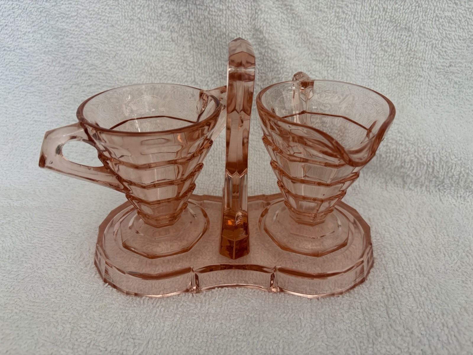 Pink Depression Cream & Sugar w/ Tray SET Indiana Glass Tea Room Horizontal Rib