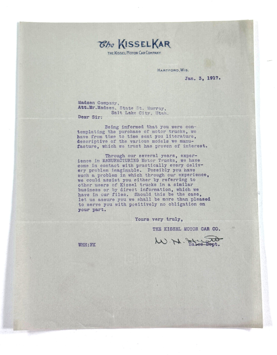 1917 Kissel Kar Letterhead Hartford WI Madsen furniture Salt Lake City UT