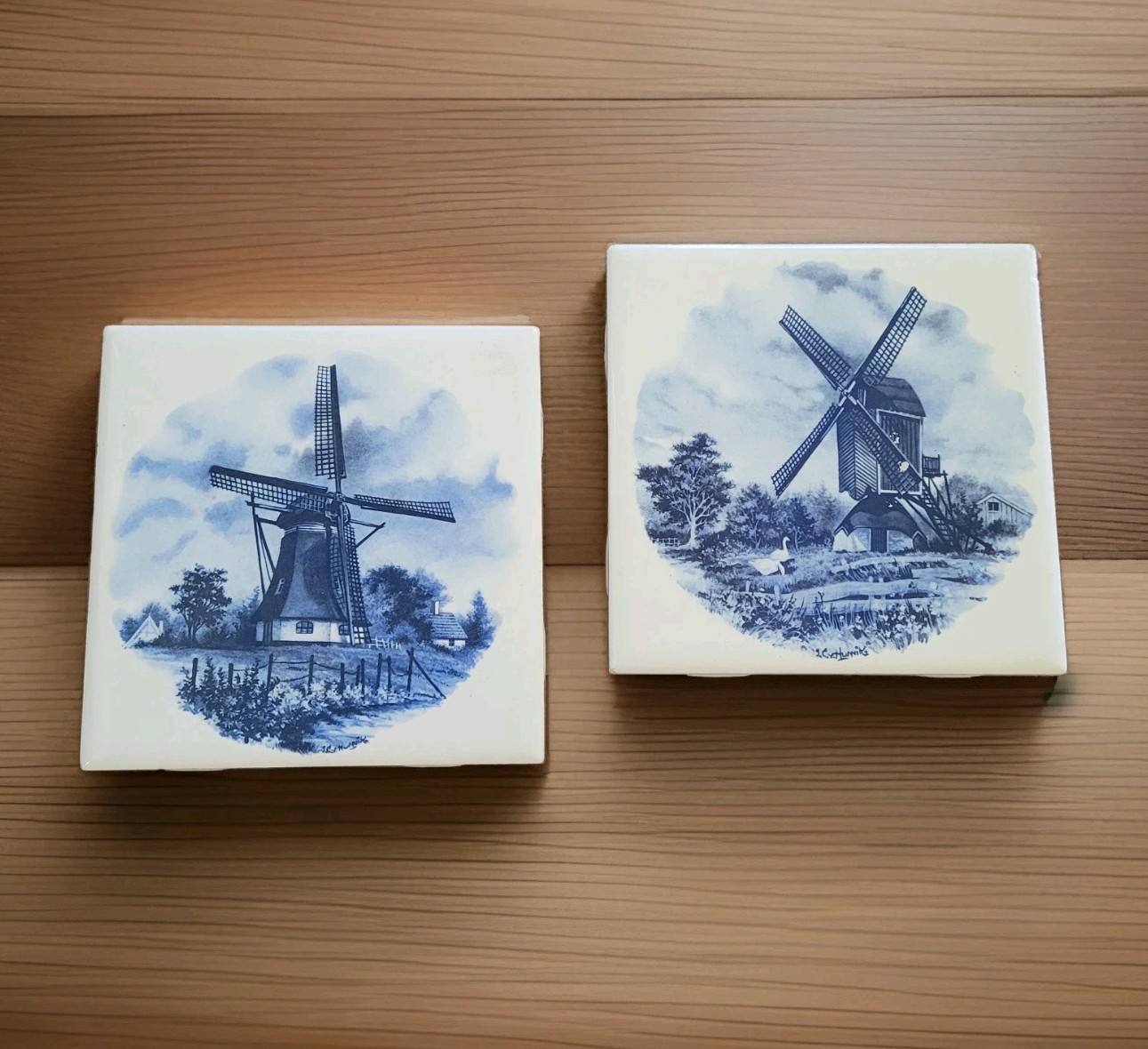 Vintage Set Of 2 JC Van Hunnik Signed Ceramic Delft MOSA HOLLAND Windmill
